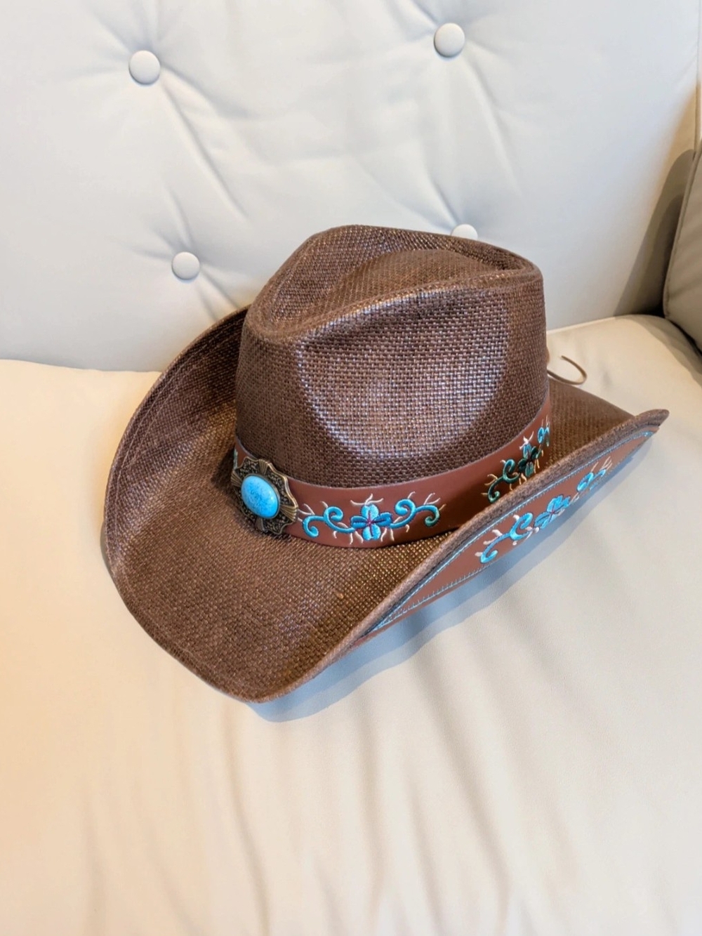 Brown Kids Cowboy Hat with Turquoise Floral Trim